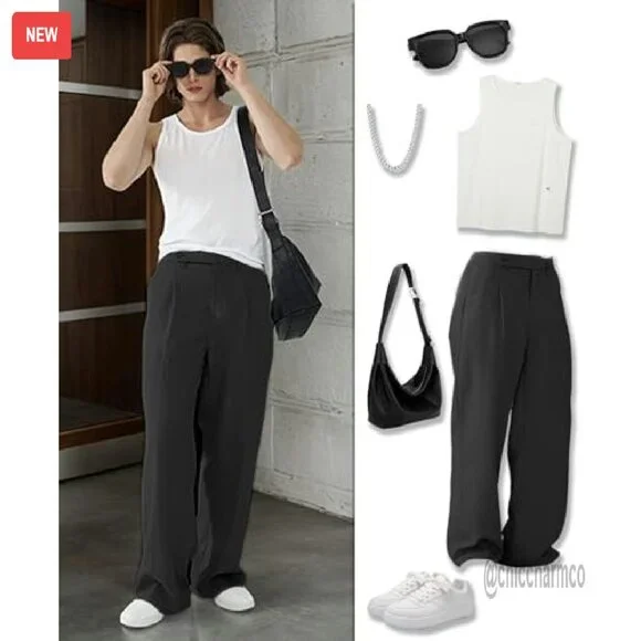 Men's Wide Leg Pleated Dress Pants Elastic Waist Wrinkle Resistant